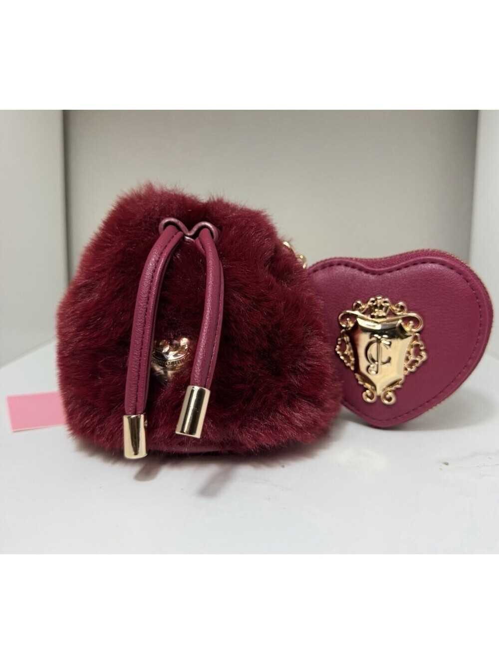 Juicy Couture Cranberry Pouch Coins Bag Gold Keyfob Faux Fur Charm Bag NWT